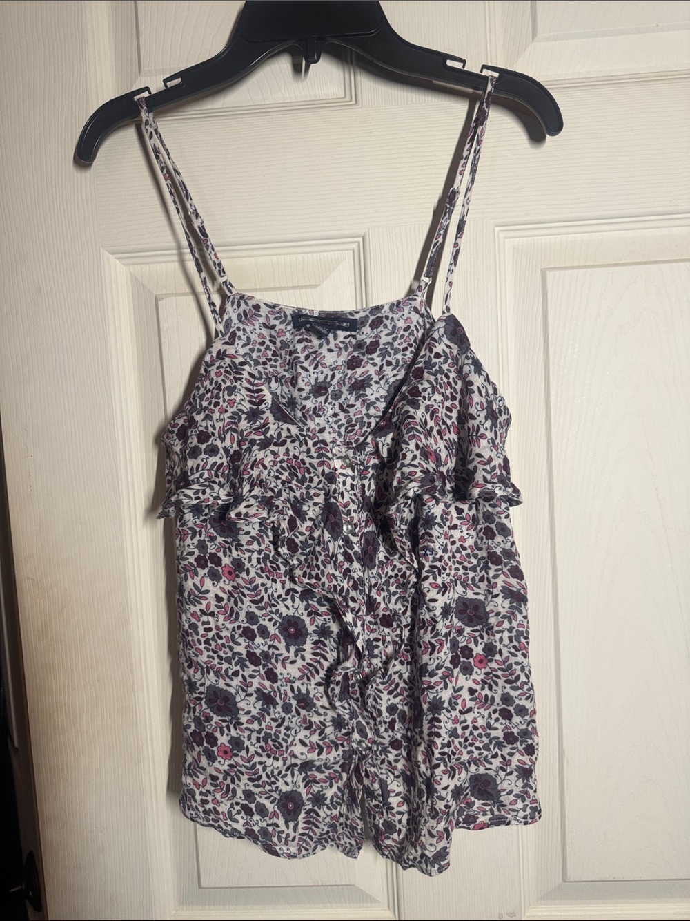 Floral Ruffle Spaghetti Strap Cami - White with Purple & Pink Print